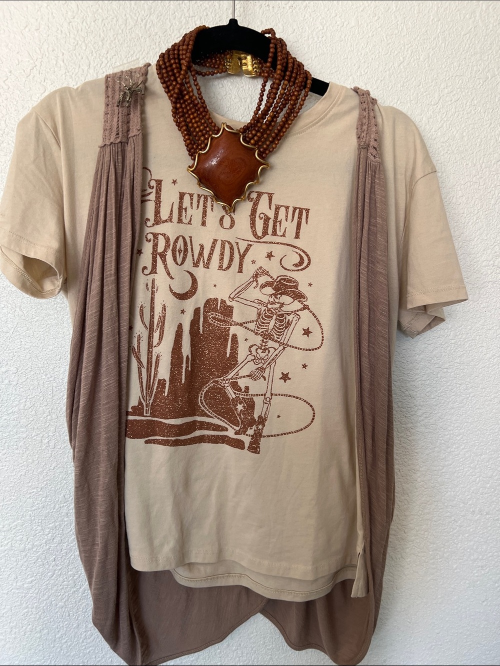 Women’’ 'Let's Get Rowdy' Graphic T‑Shirt - Cream with Brown Print 4 pieces